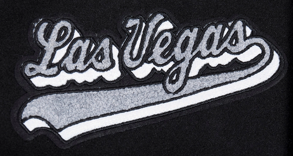 NFL LAS VEGAS RAIDERS SCRIPT TAIL MEN'S RIB WOOL VARSITY JACKET (BLACK/GRAY)