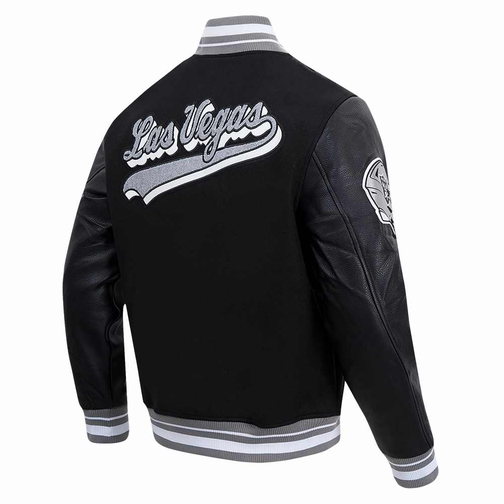 NFL LAS VEGAS RAIDERS SCRIPT TAIL MEN'S RIB WOOL VARSITY JACKET (BLACK/GRAY)