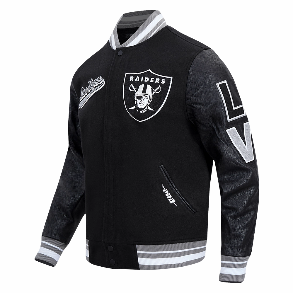 NFL LAS VEGAS RAIDERS SCRIPT TAIL MEN'S RIB WOOL VARSITY JACKET (BLACK/GRAY)