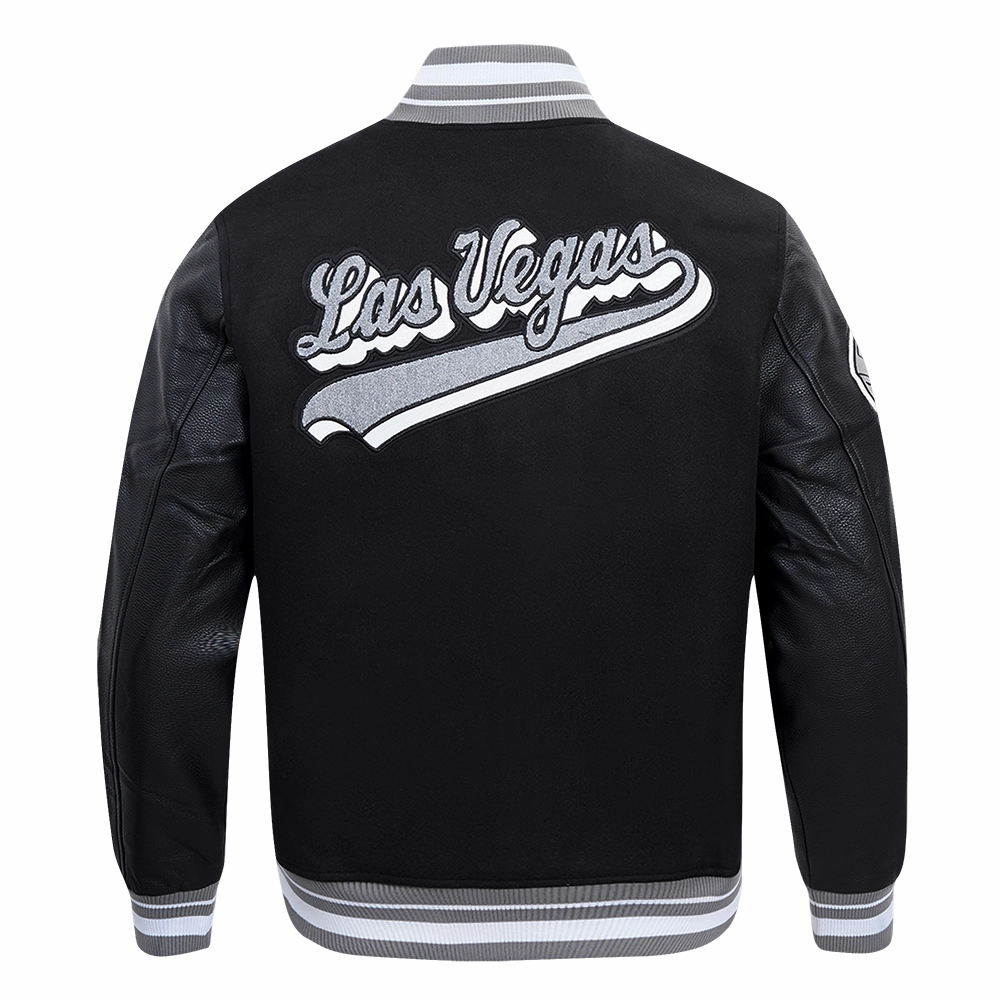 NFL LAS VEGAS RAIDERS SCRIPT TAIL MEN'S RIB WOOL VARSITY JACKET (BLACK/GRAY)