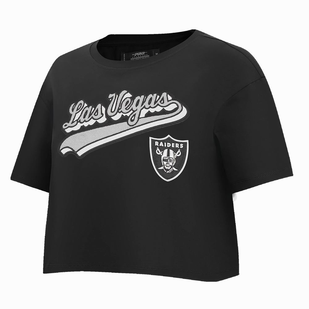 NFL LAS VEGAS RAIDERS SCRIPT TAIL WOMEN'S SINGLE JERSEY BOXY TEE (BLACK)