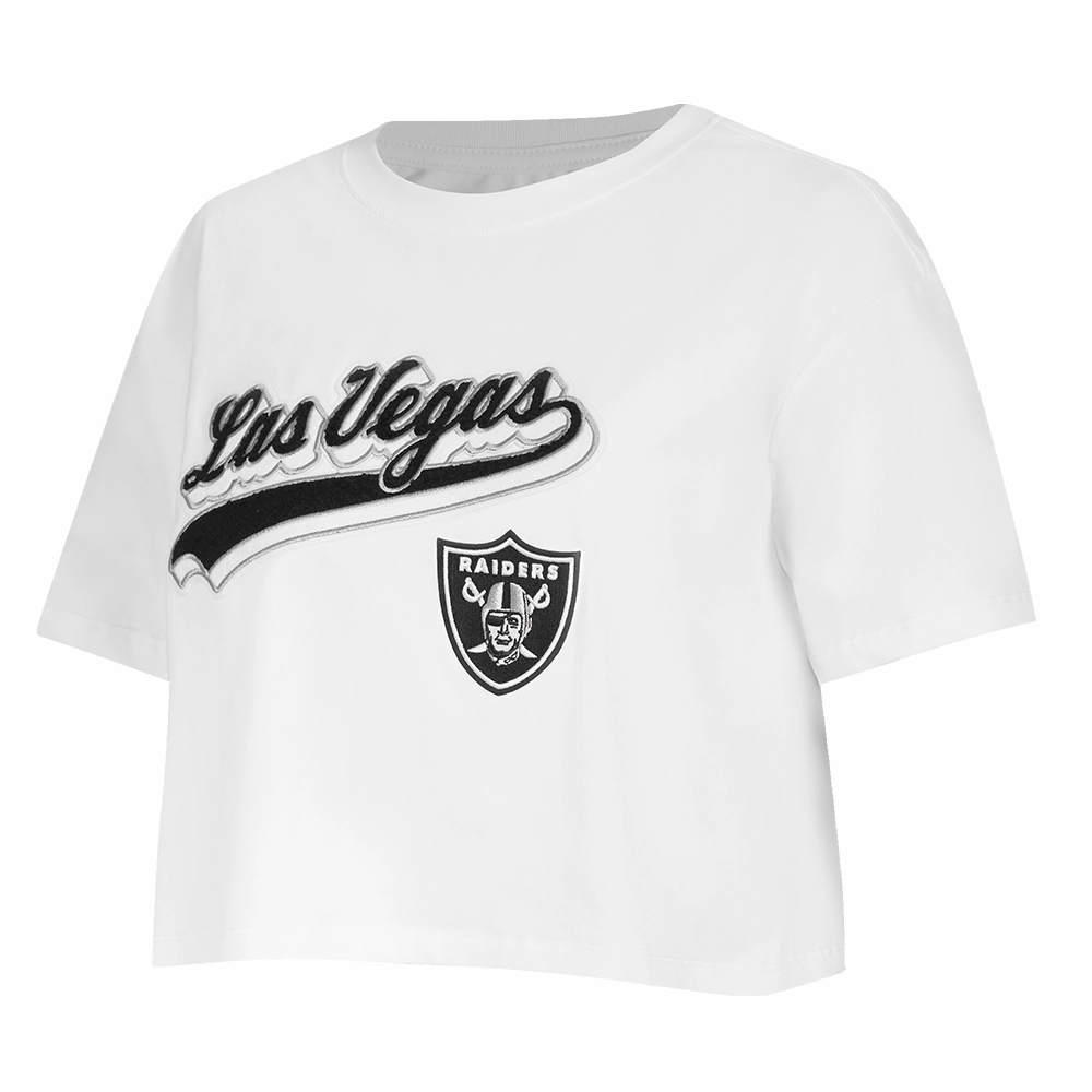 NFL LAS VEGAS RAIDERS SCRIPT TAIL WOMEN'S SINGLE JERSEY BOXY TEE (WHITE)