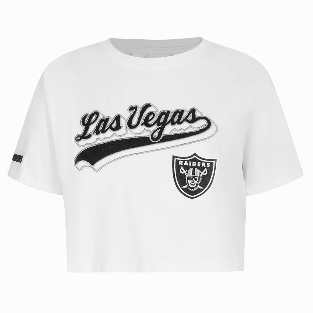 NFL LAS VEGAS RAIDERS SCRIPT TAIL WOMEN'S SINGLE JERSEY BOXY TEE (WHITE)