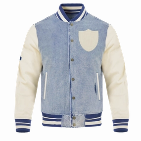 NFL LAS VEGAS RAIDERS VARSITY BLUES MEN'S DENIM VARSITY MEN'S JACKET (DENIM/LINEN)