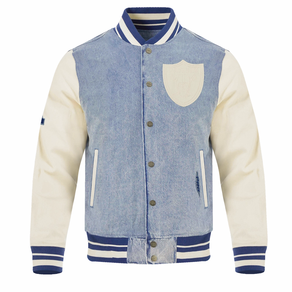 NFL LAS VEGAS RAIDERS VARSITY BLUES MEN'S DENIM VARSITY MEN'S JACKET (DENIM/LINEN)