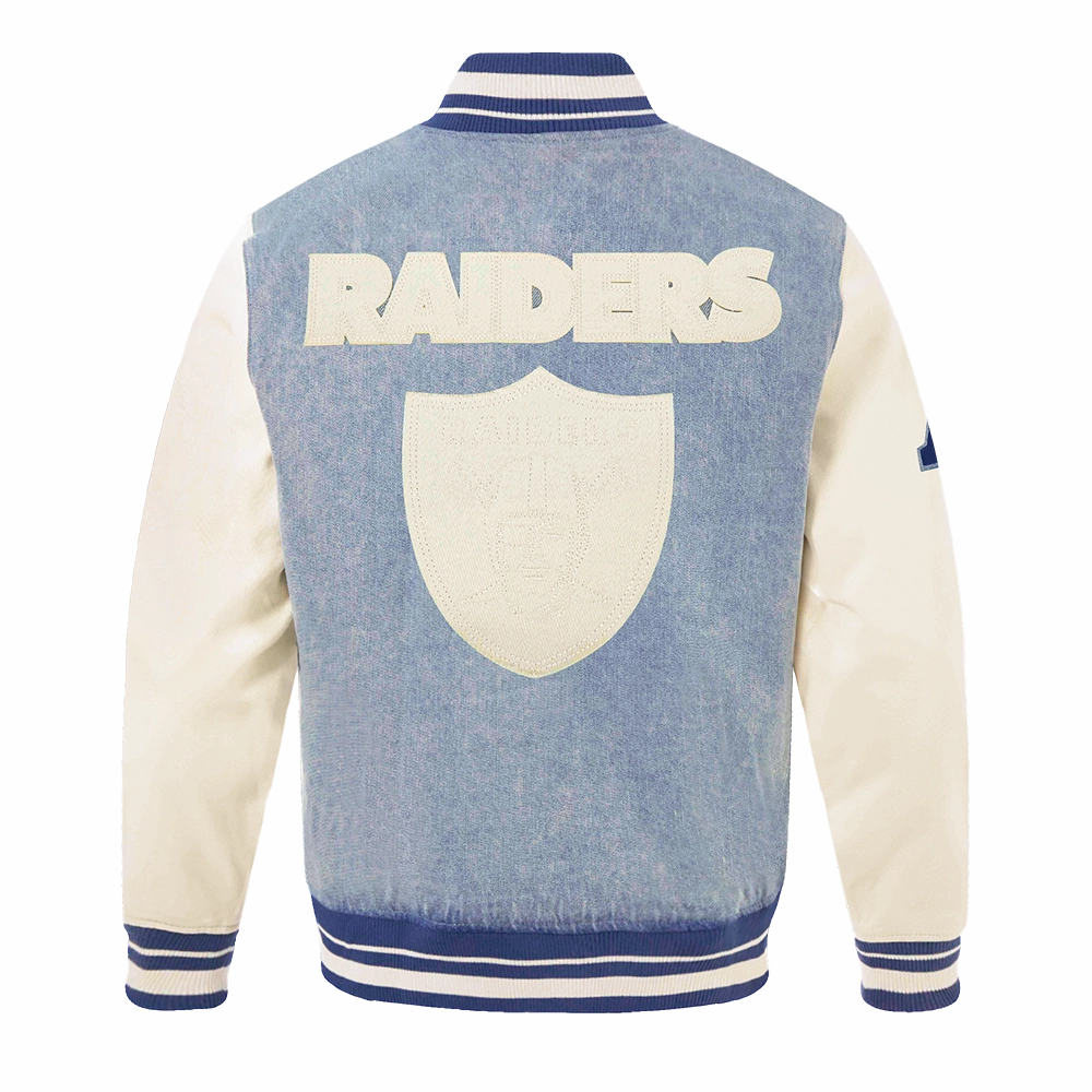 NFL LAS VEGAS RAIDERS VARSITY BLUES MEN'S DENIM VARSITY MEN'S JACKET (DENIM/LINEN)