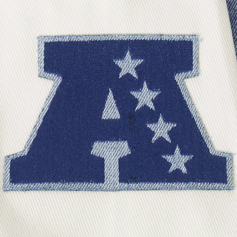 NFL LAS VEGAS RAIDERS VARSITY BLUES MEN'S DENIM VARSITY MEN'S JACKET (DENIM/LINEN)
