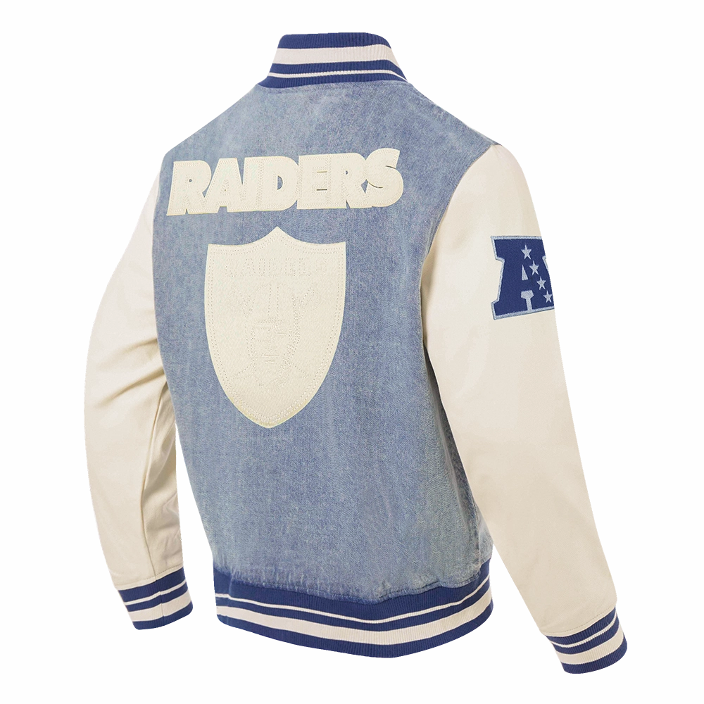 NFL LAS VEGAS RAIDERS VARSITY BLUES MEN'S DENIM VARSITY MEN'S JACKET (DENIM/LINEN)