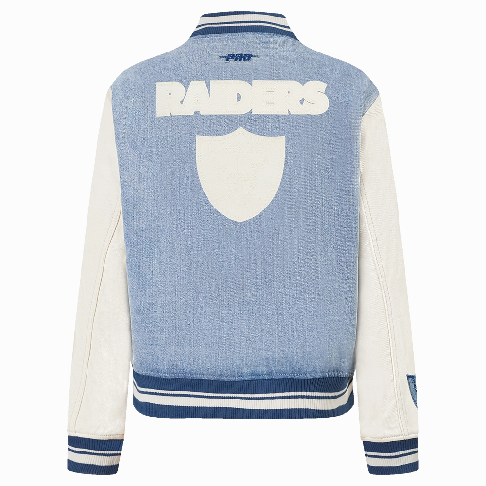NFL LAS VEGAS RAIDERS VARSITY BLUES WOMEN'S DENIM VARSITY JACKET (DENIM/LINEN)