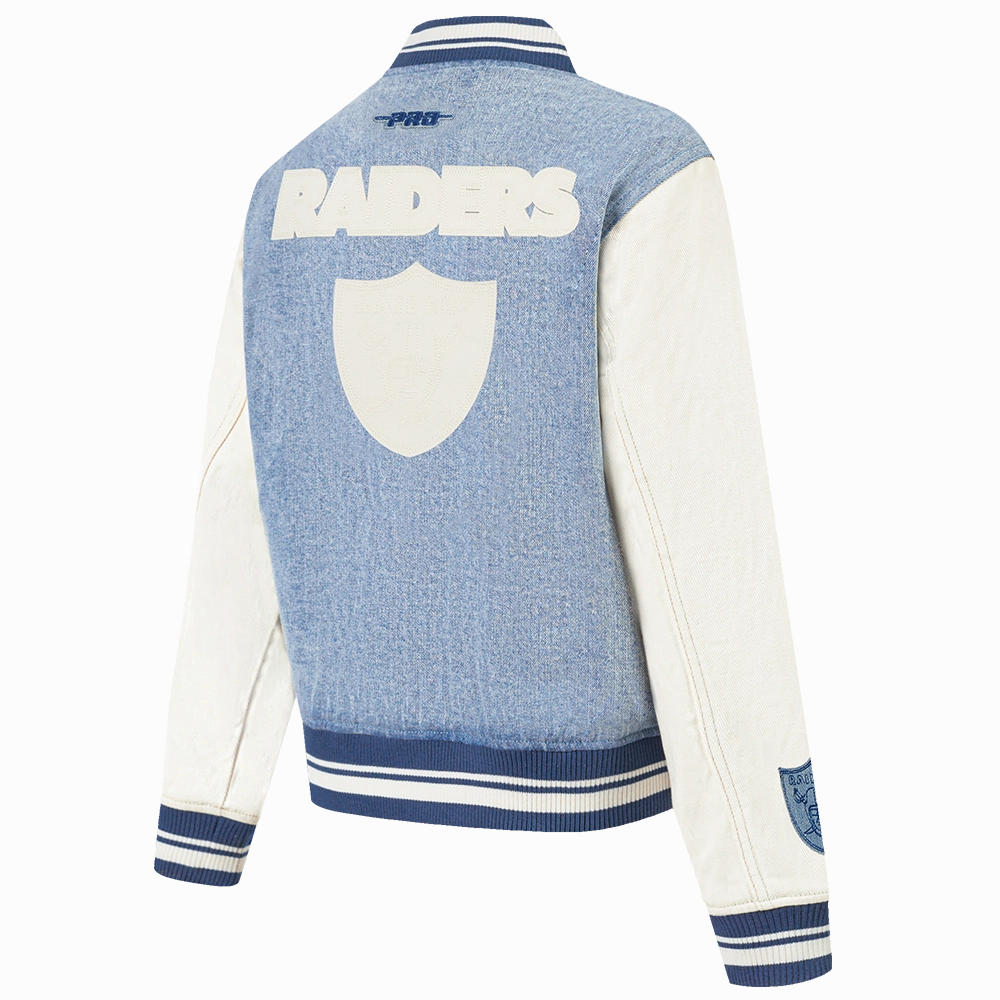 NFL LAS VEGAS RAIDERS VARSITY BLUES WOMEN'S DENIM VARSITY JACKET (DENIM/LINEN)