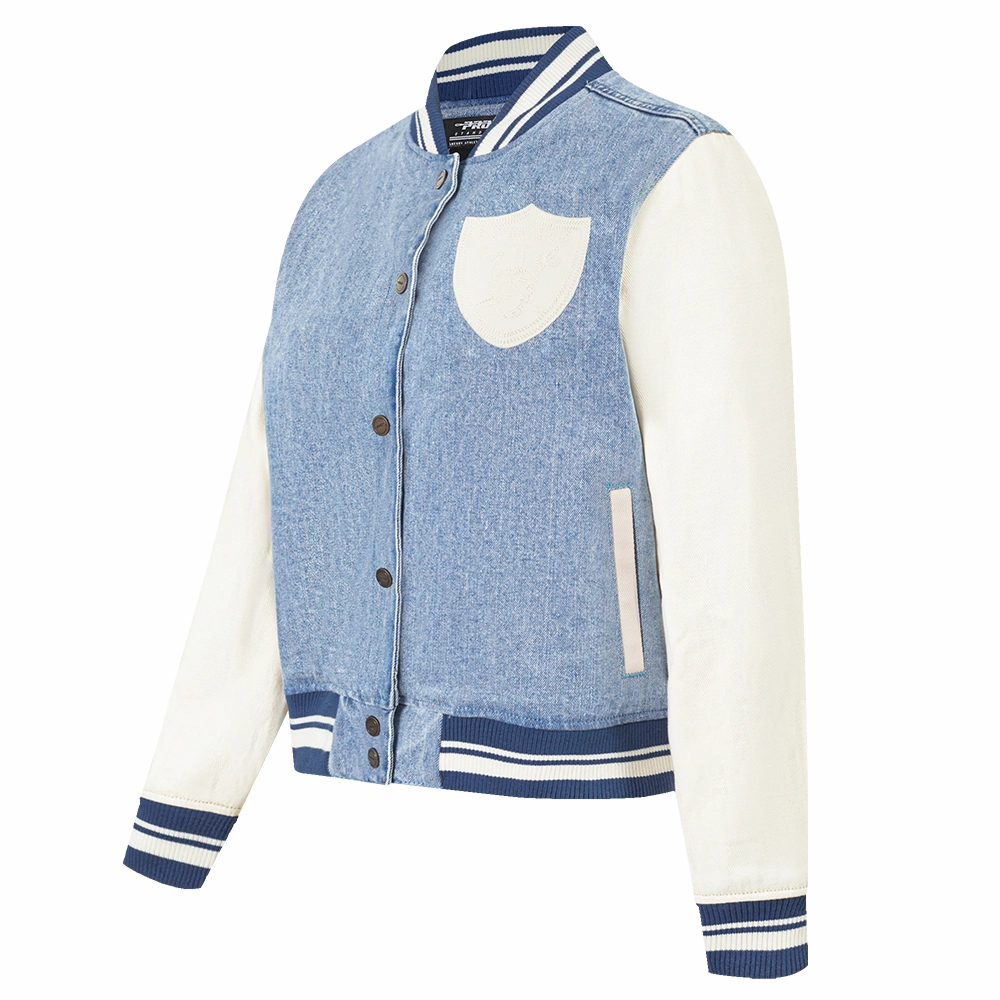 NFL LAS VEGAS RAIDERS VARSITY BLUES WOMEN'S DENIM VARSITY JACKET (DENIM/LINEN)