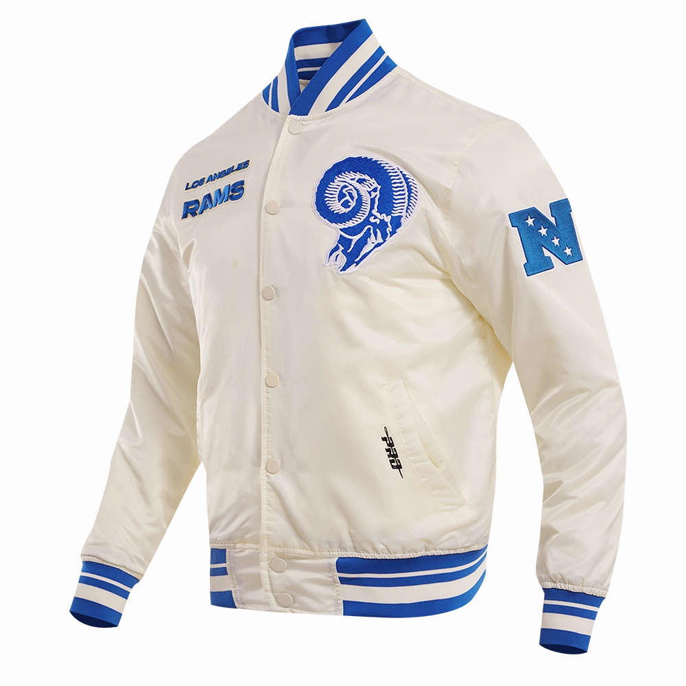 NFL LOS ANGELES RAMS RETRO CLASSIC MEN'S RIB SATIN JACKET (EGGSHELL/ ROYAL BLUE)