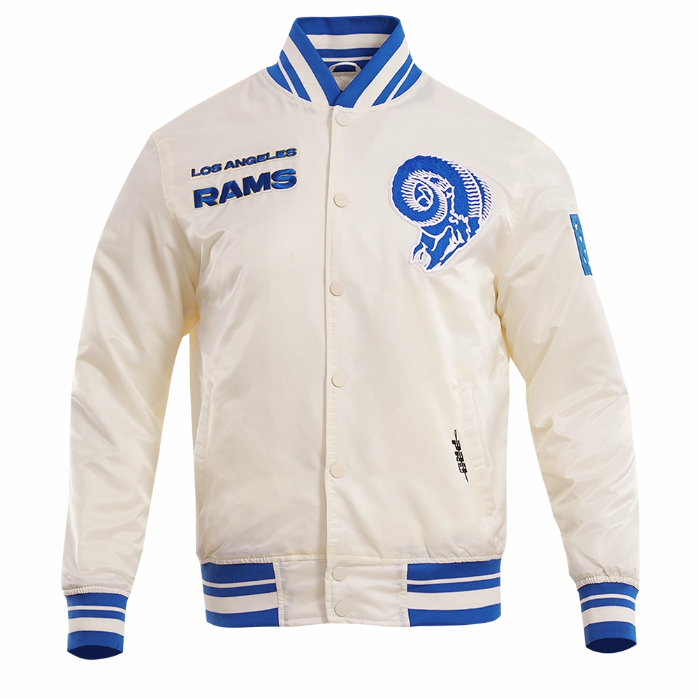 NFL LOS ANGELES RAMS RETRO CLASSIC MEN'S RIB SATIN JACKET (EGGSHELL/ ROYAL BLUE)