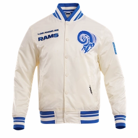 NFL LOS ANGELES RAMS RETRO CLASSIC MEN'S RIB SATIN JACKET (EGGSHELL/ ROYAL BLUE)