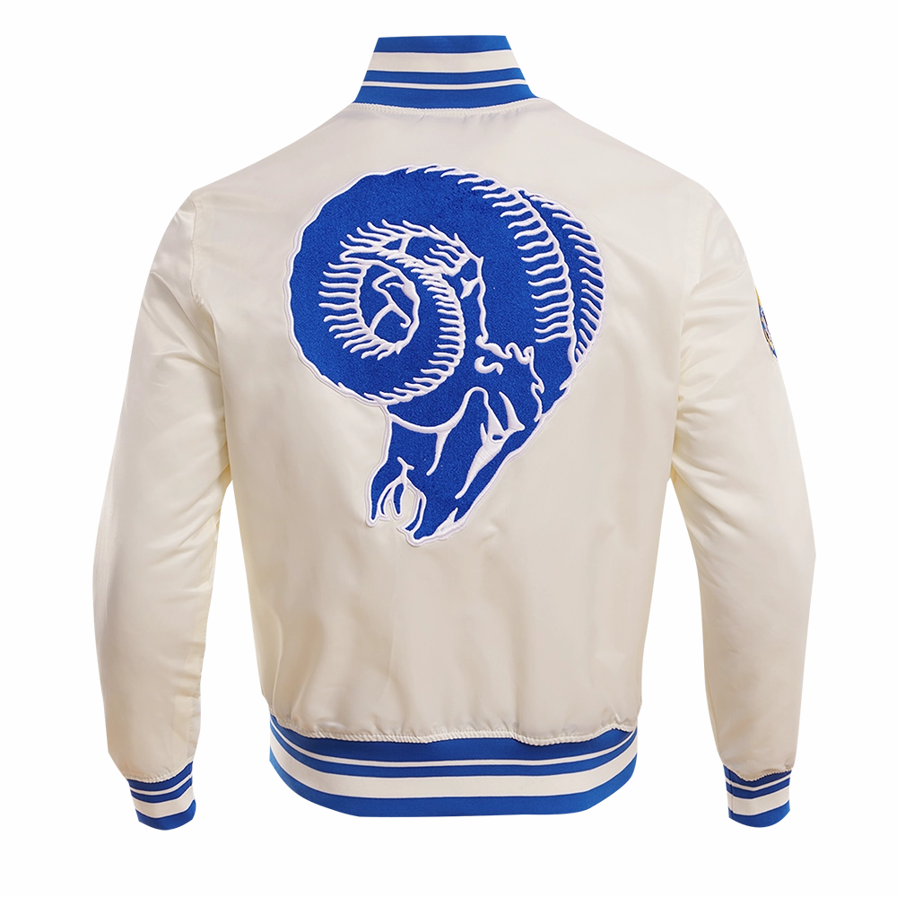 NFL LOS ANGELES RAMS RETRO CLASSIC MEN'S RIB SATIN JACKET (EGGSHELL/ ROYAL BLUE)