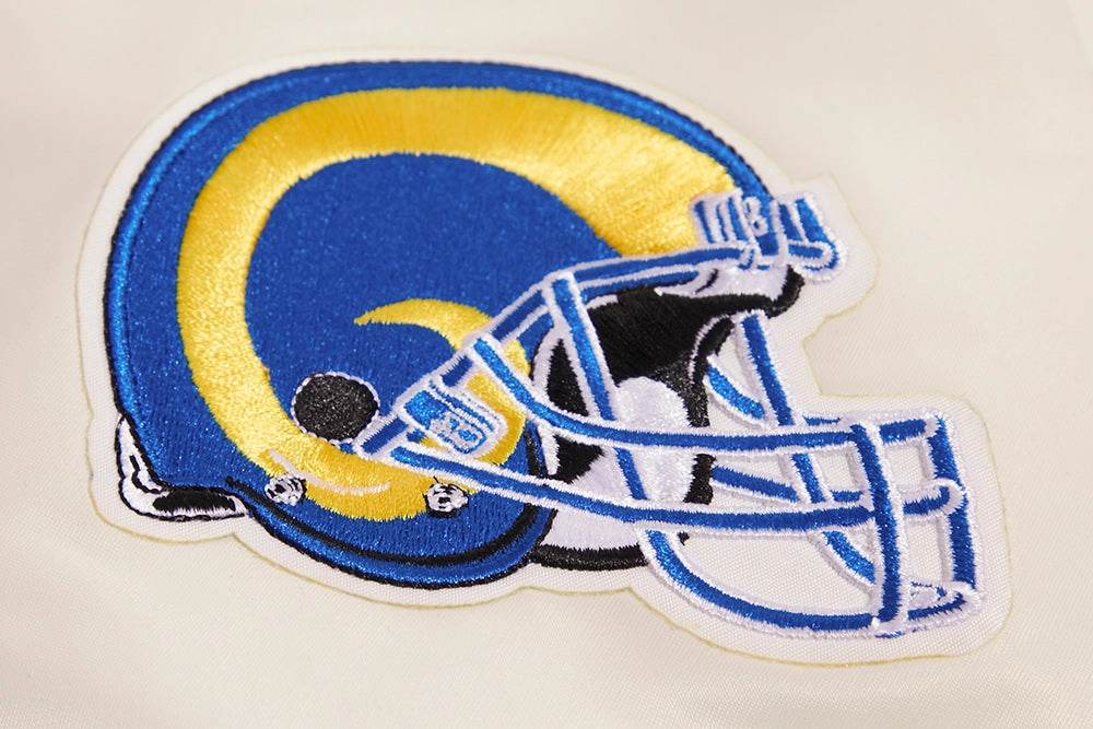 NFL LOS ANGELES RAMS RETRO CLASSIC MEN'S RIB SATIN JACKET (EGGSHELL/ ROYAL BLUE)
