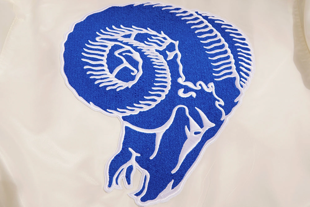 NFL LOS ANGELES RAMS RETRO CLASSIC MEN'S RIB SATIN JACKET (EGGSHELL/ ROYAL BLUE)