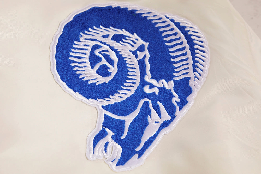 NFL LOS ANGELES RAMS RETRO CLASSIC MEN'S RIB SATIN JACKET (EGGSHELL/ ROYAL BLUE)