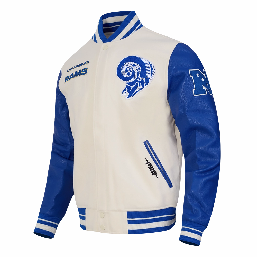 NFL LOS ANGELES RAMS RETRO CLASSIC MEN'S RIB WOOL VARSITY JACKET (EGGSHELL/ROYAL BLUE)
