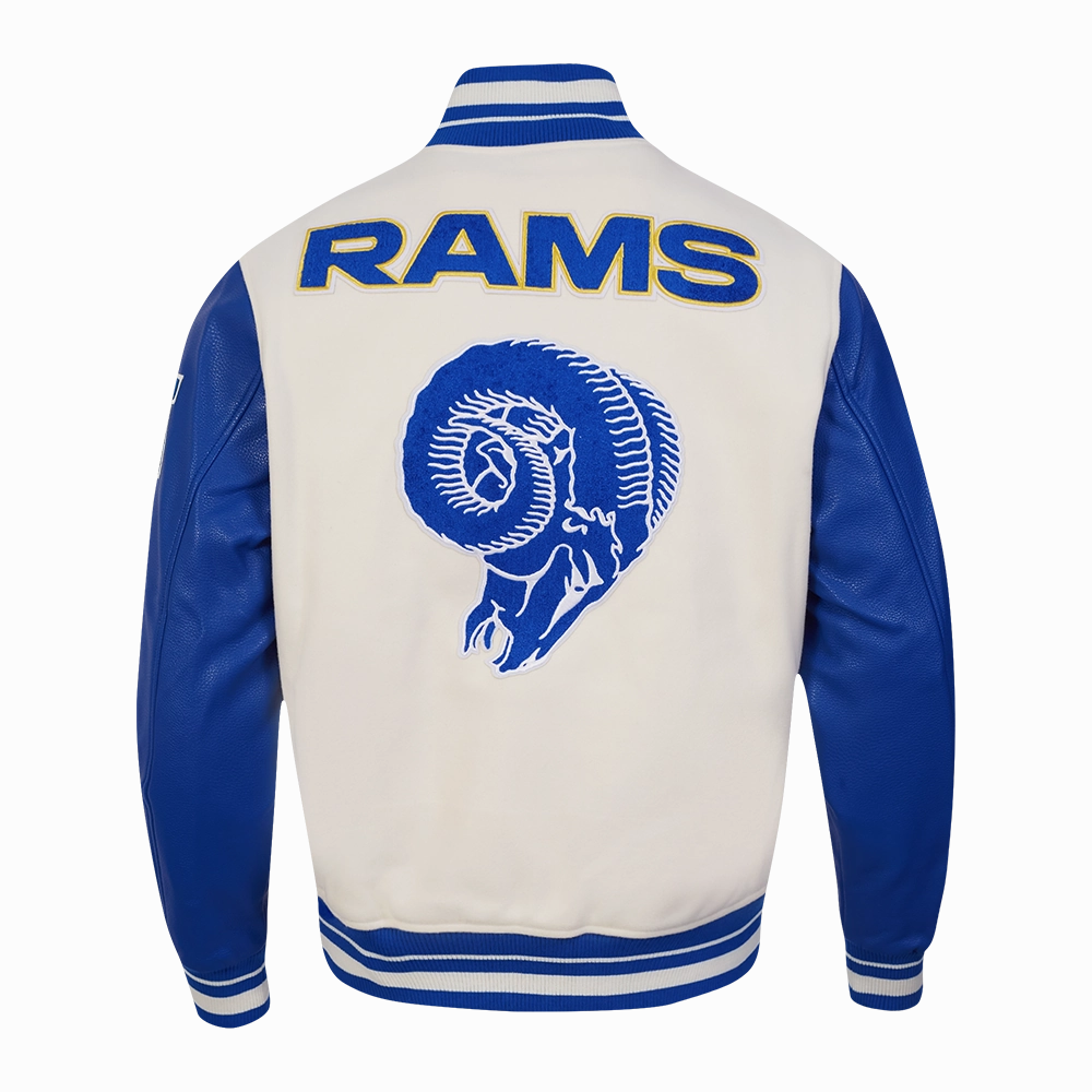 NFL LOS ANGELES RAMS RETRO CLASSIC MEN'S RIB WOOL VARSITY JACKET (EGGSHELL/ROYAL BLUE)