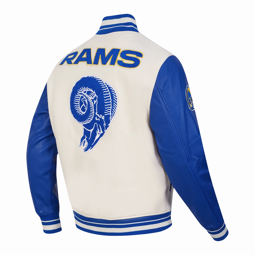 NFL LOS ANGELES RAMS RETRO CLASSIC MEN'S RIB WOOL VARSITY JACKET (EGGSHELL/ROYAL BLUE)