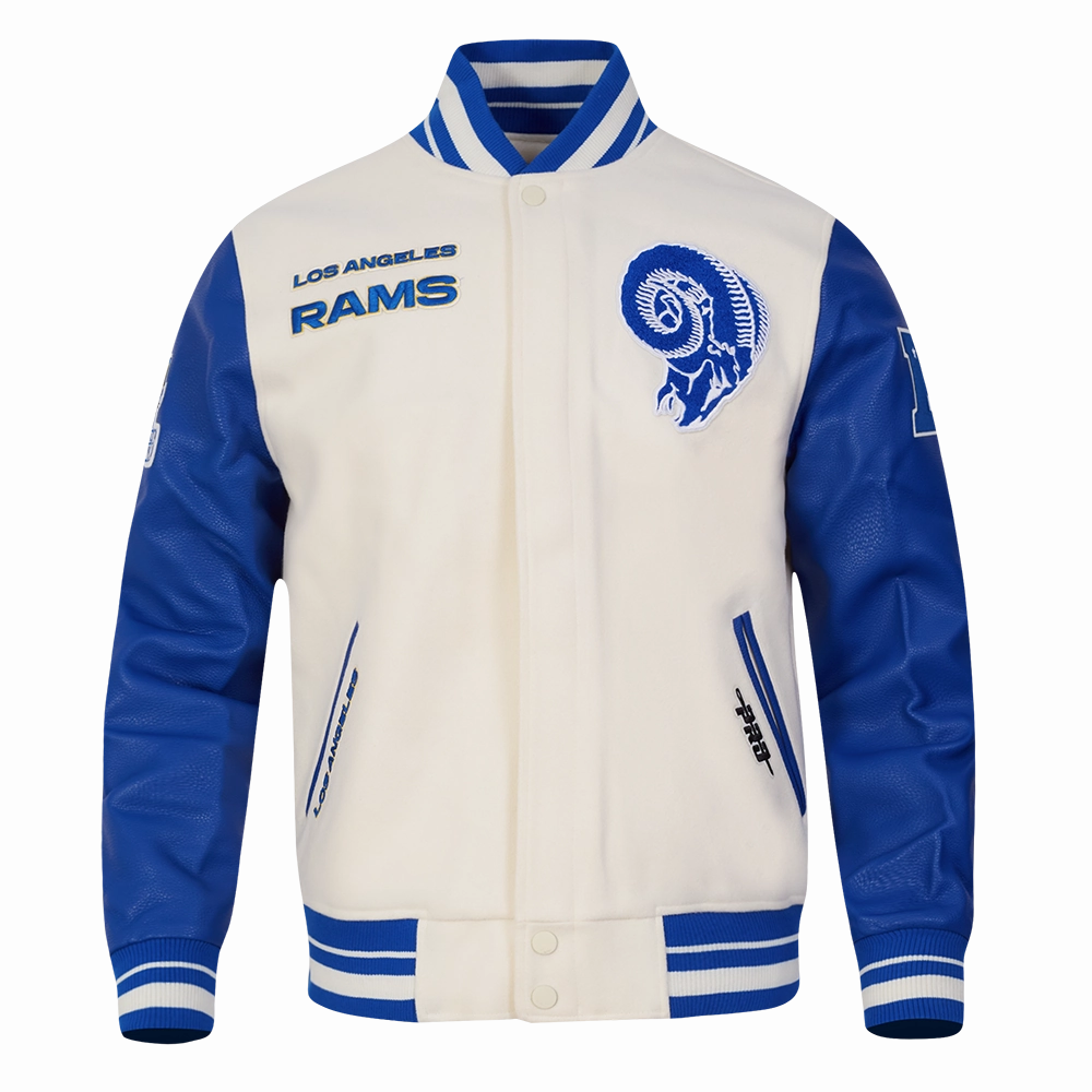 NFL LOS ANGELES RAMS RETRO CLASSIC MEN'S RIB WOOL VARSITY JACKET (EGGSHELL/ROYAL BLUE)