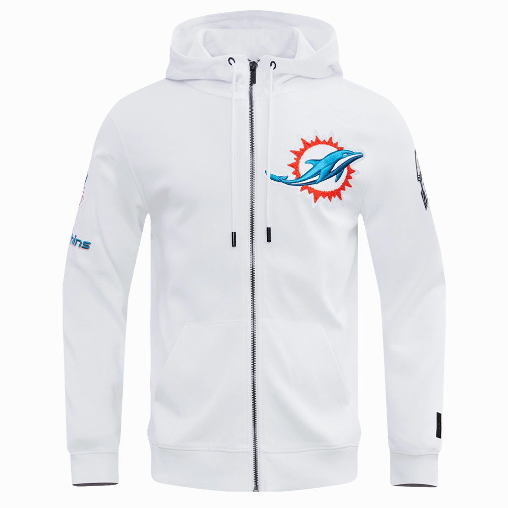 NFL MIAMI DOLPHINS CLASSIC CHENILLE MEN'S DK FULL ZIP PULLOVER HOODIE (WHITE)
