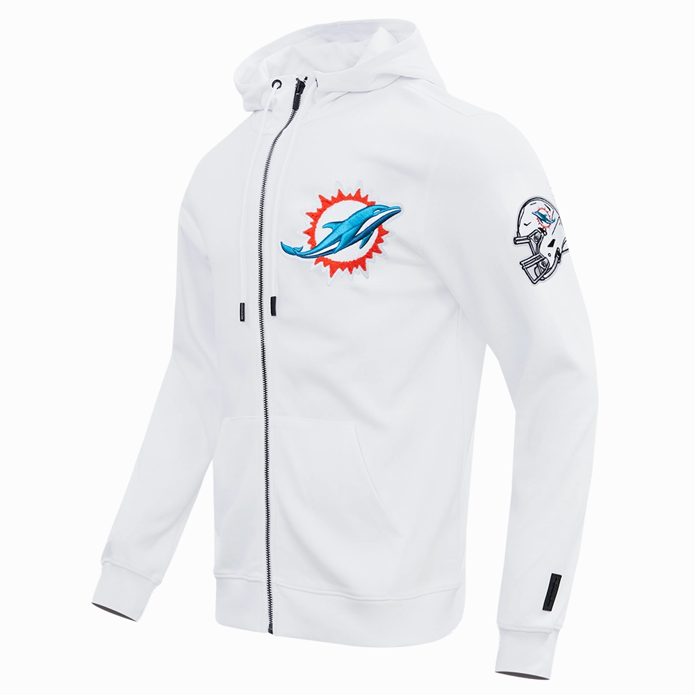 NFL MIAMI DOLPHINS CLASSIC CHENILLE MEN'S DK FULL ZIP PULLOVER HOODIE (WHITE)