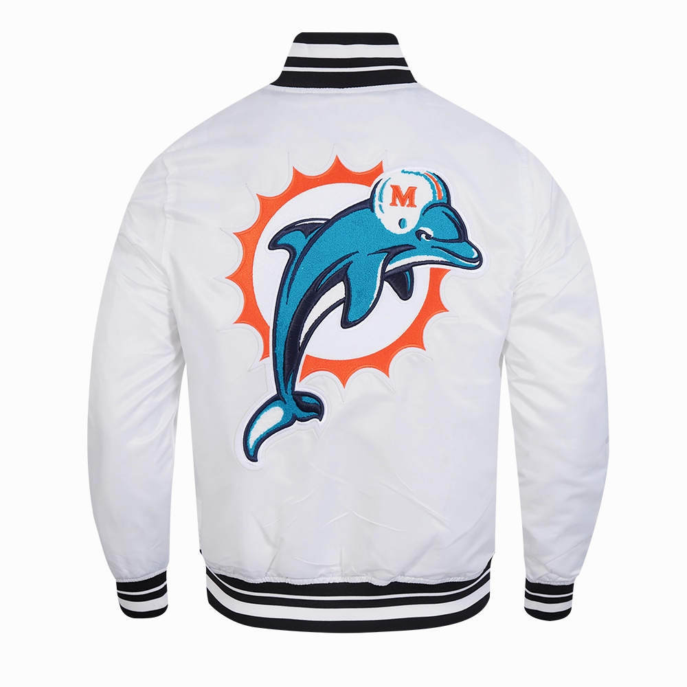 NFL MIAMI DOLPHINS RETRO CLASSIC MEN'S RIB SATIN JACKET (WHITE/BLACK)