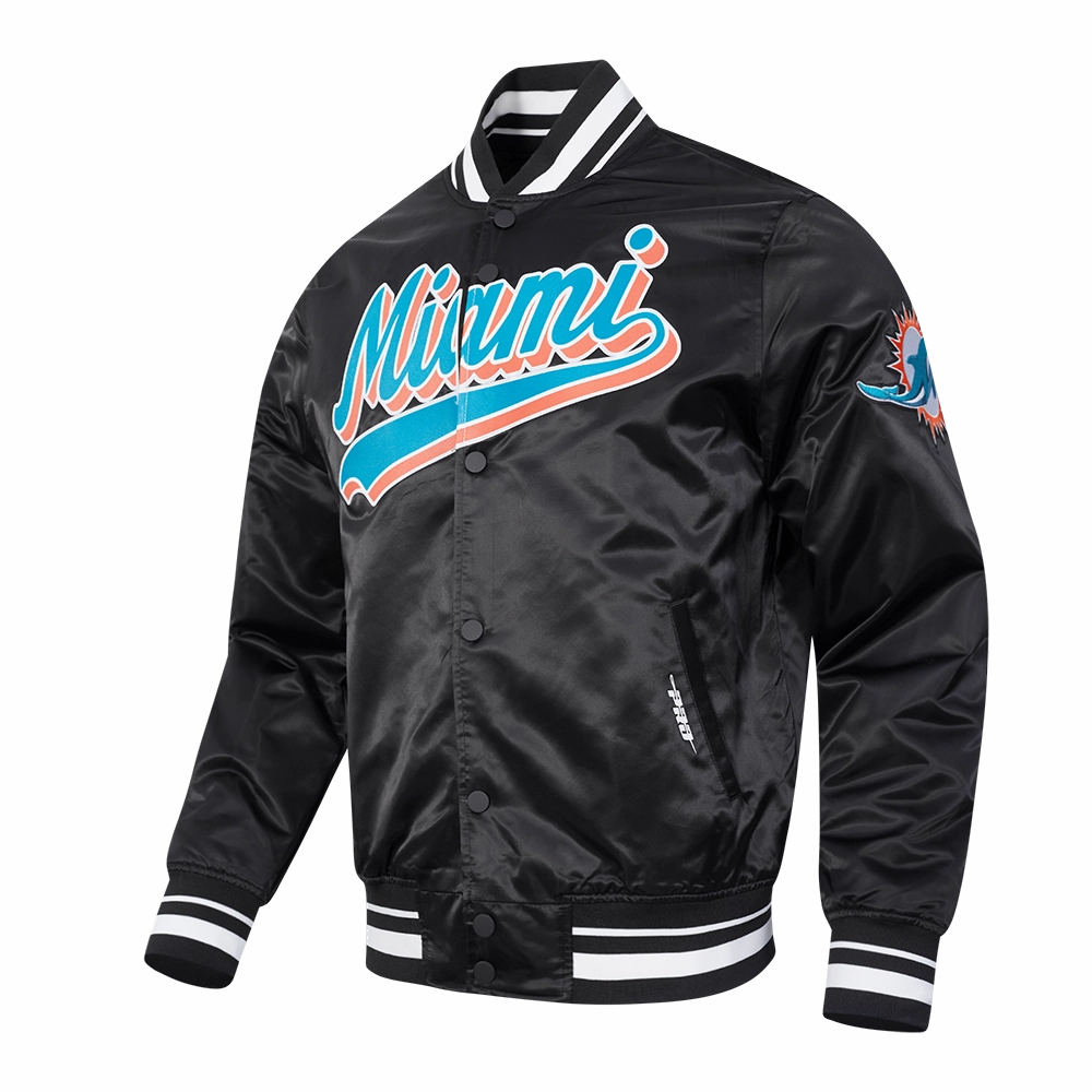 NFL MIAMI DOLPHINS SCRIPT TAIL MEN'S SATIN JACKET (BLACK)
