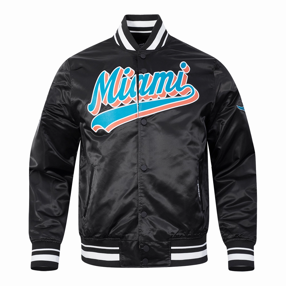 NFL MIAMI DOLPHINS SCRIPT TAIL MEN'S SATIN JACKET (BLACK)