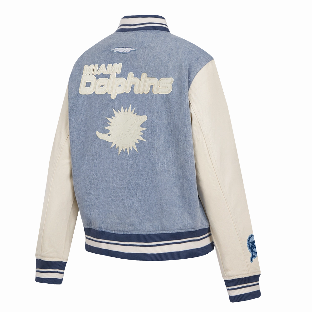NFL MIAMI DOLPHINS VARSITY BLUES WOMEN'S DENIM VARSITY JACKET (DENIM/LINEN)