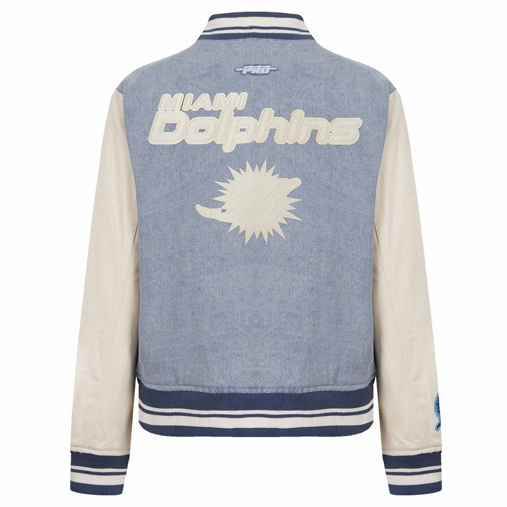 NFL MIAMI DOLPHINS VARSITY BLUES WOMEN'S DENIM VARSITY JACKET (DENIM/LINEN)