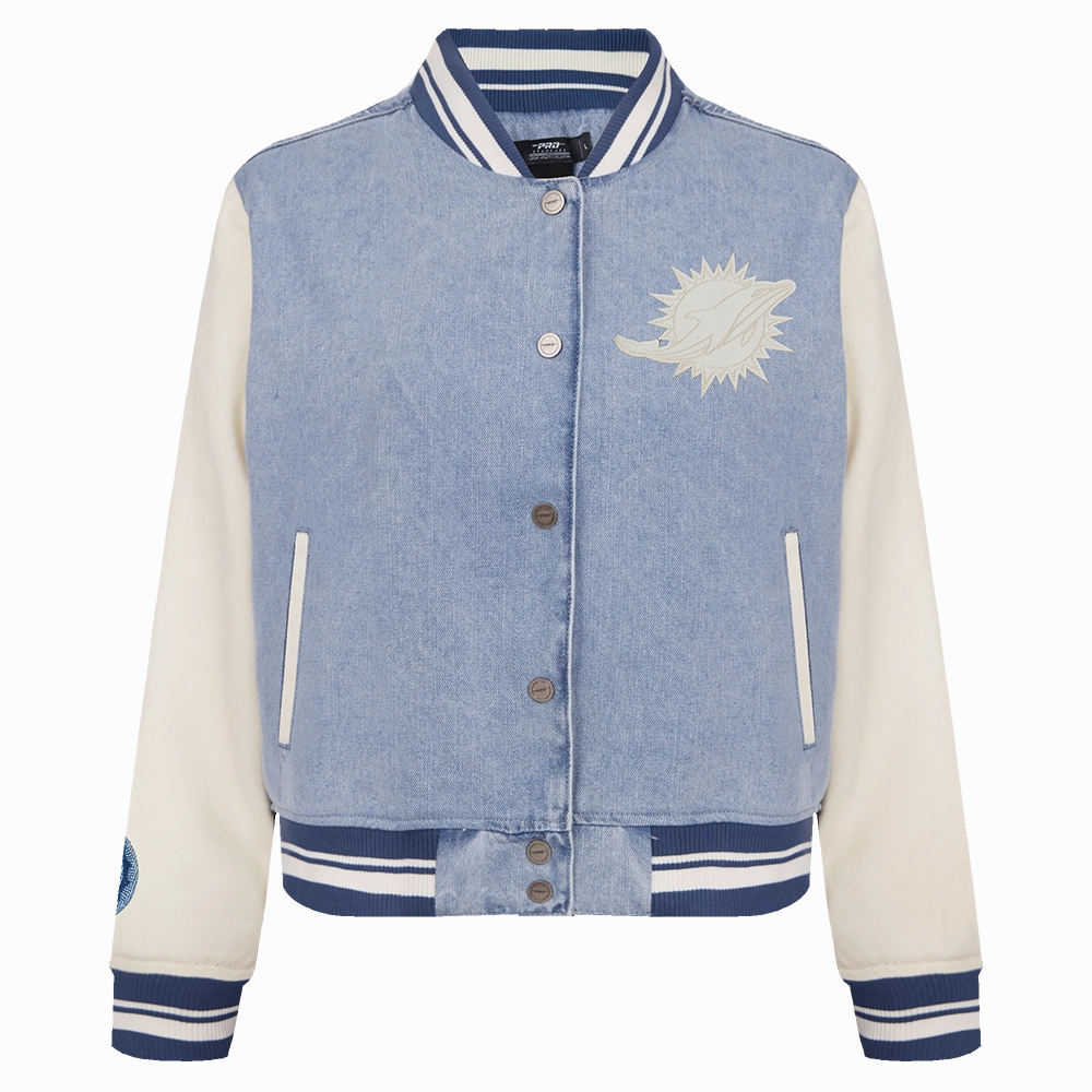 NFL MIAMI DOLPHINS VARSITY BLUES WOMEN'S DENIM VARSITY JACKET (DENIM/LINEN)