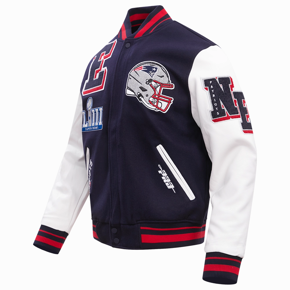 NFL NEW ENGLAND PATRIOTS MASHUP MEN'S RIB WOOL VARSITY JACKET (MIDNIGHT NAVY/RED/MIDNIGHT NAVY)