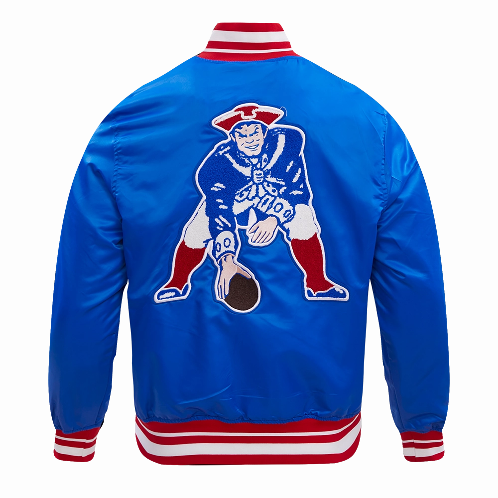 NFL NEW ENGLAND PATRIOTS RETRO CLASSIC MEN'S RIB SATIN JACKET (ROYAL BLUE/RED)