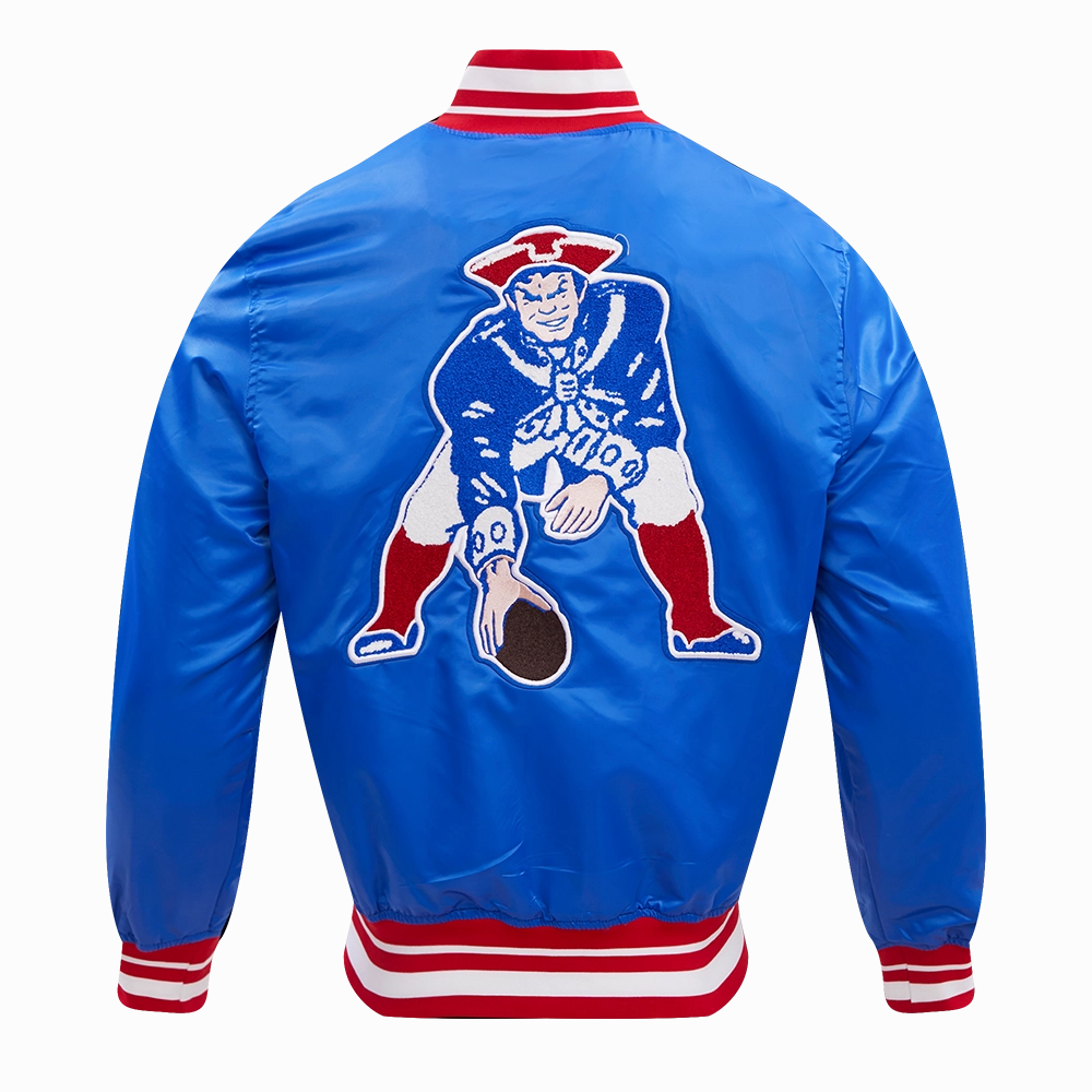 NFL NEW ENGLAND PATRIOTS RETRO CLASSIC MEN'S RIB SATIN JACKET (ROYAL BLUE/RED)