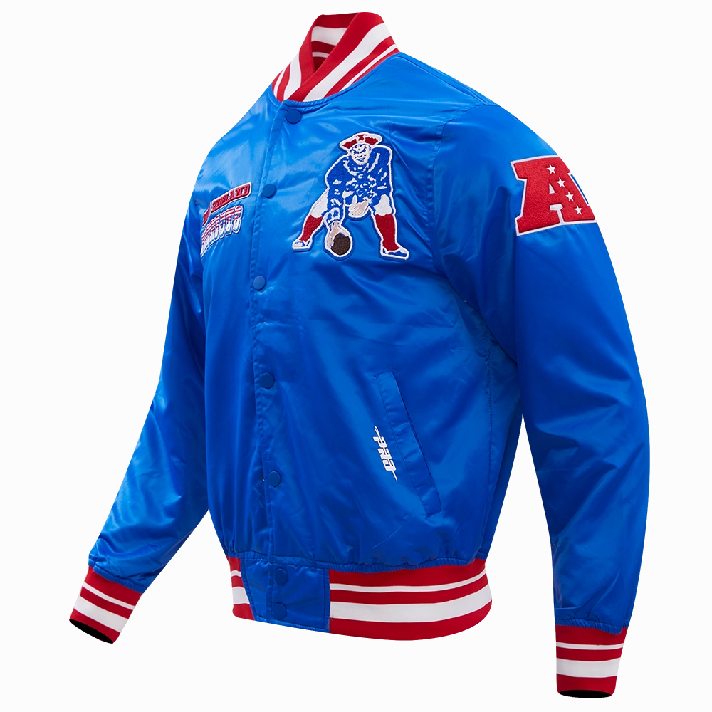 NFL NEW ENGLAND PATRIOTS RETRO CLASSIC MEN'S RIB SATIN JACKET (ROYAL BLUE/RED)