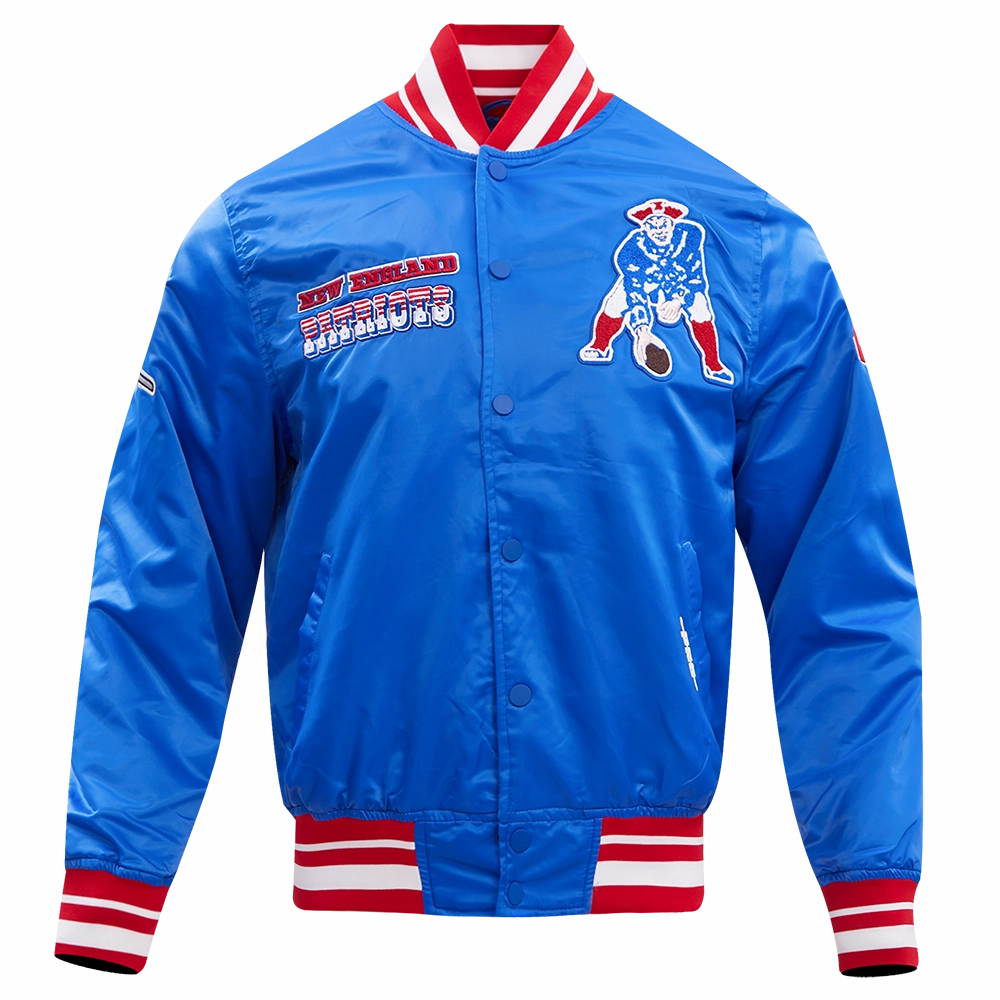 NFL NEW ENGLAND PATRIOTS RETRO CLASSIC MEN'S RIB SATIN JACKET (ROYAL BLUE/RED)