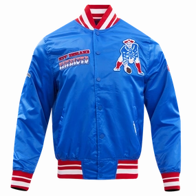 NFL NEW ENGLAND PATRIOTS RETRO CLASSIC MEN'S RIB SATIN JACKET (ROYAL BLUE/RED)