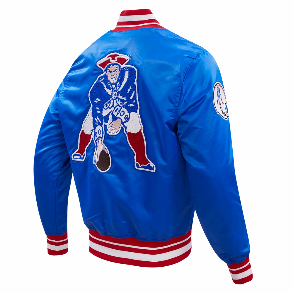NFL NEW ENGLAND PATRIOTS RETRO CLASSIC MEN'S RIB SATIN JACKET (ROYAL BLUE/RED)