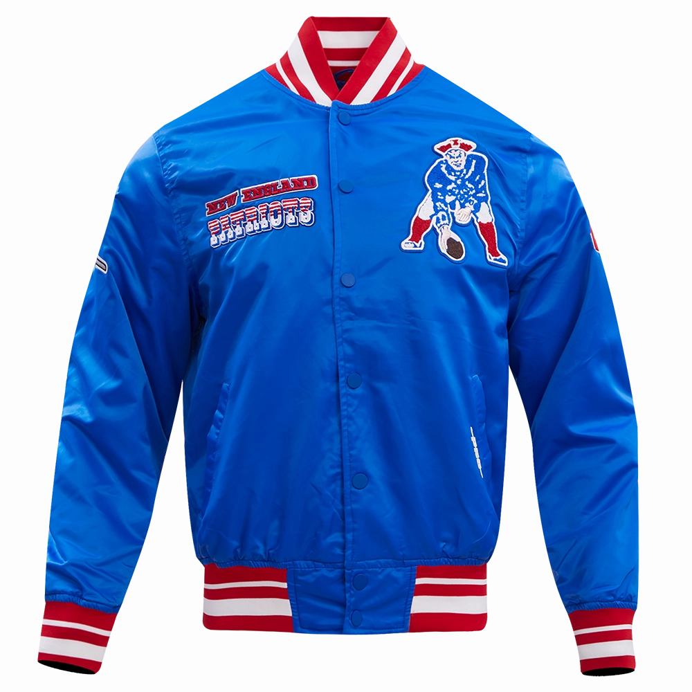 NFL NEW ENGLAND PATRIOTS RETRO CLASSIC MEN'S RIB SATIN JACKET (ROYAL BLUE/RED)