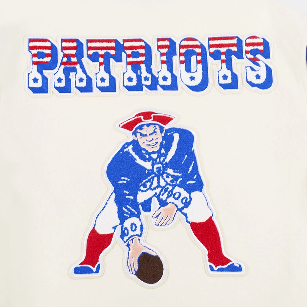 NFL NEW ENGLAND PATRIOTS RETRO CLASSIC MEN'S RIB WOOL VARSITY JACKET (EGGSHELL/ ROYAL BLUE)