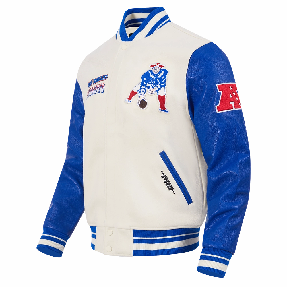 NFL NEW ENGLAND PATRIOTS RETRO CLASSIC MEN'S RIB WOOL VARSITY JACKET (EGGSHELL/ ROYAL BLUE)