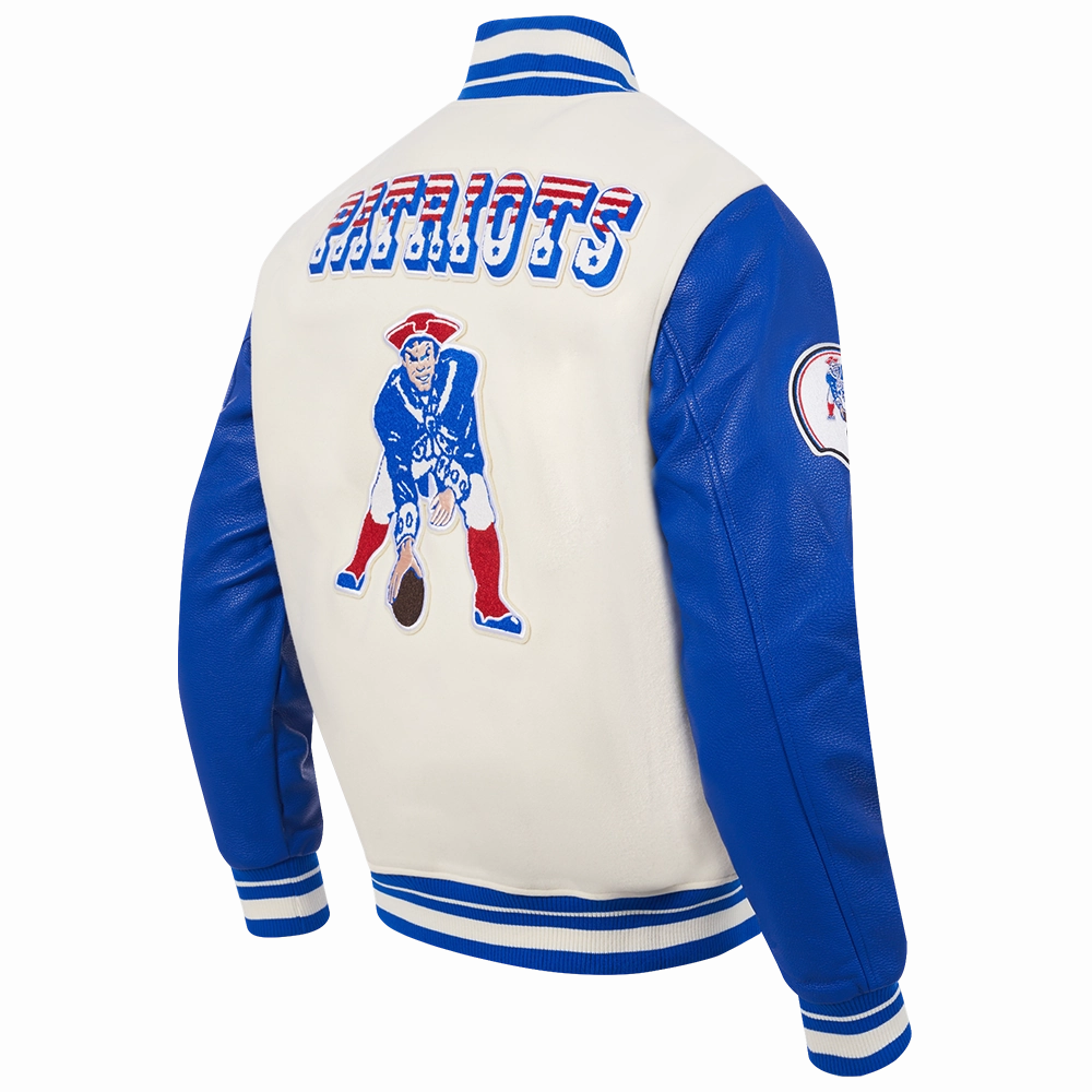NFL NEW ENGLAND PATRIOTS RETRO CLASSIC MEN'S RIB WOOL VARSITY JACKET (EGGSHELL/ ROYAL BLUE)
