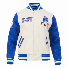 NFL NEW ENGLAND PATRIOTS RETRO CLASSIC MEN'S RIB WOOL VARSITY JACKET (EGGSHELL/ ROYAL BLUE)