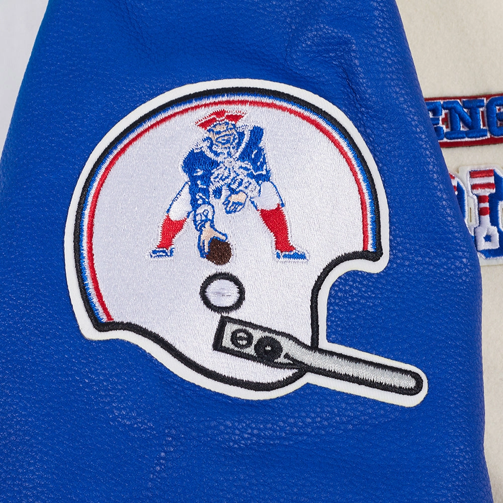 NFL NEW ENGLAND PATRIOTS RETRO CLASSIC MEN'S RIB WOOL VARSITY JACKET (EGGSHELL/ ROYAL BLUE)