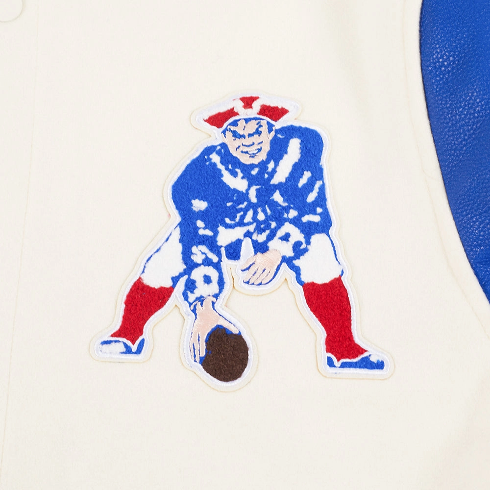 NFL NEW ENGLAND PATRIOTS RETRO CLASSIC MEN'S RIB WOOL VARSITY JACKET (EGGSHELL/ ROYAL BLUE)