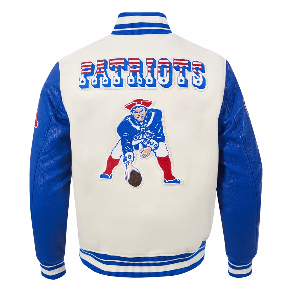 NFL NEW ENGLAND PATRIOTS RETRO CLASSIC MEN'S RIB WOOL VARSITY JACKET (EGGSHELL/ ROYAL BLUE)