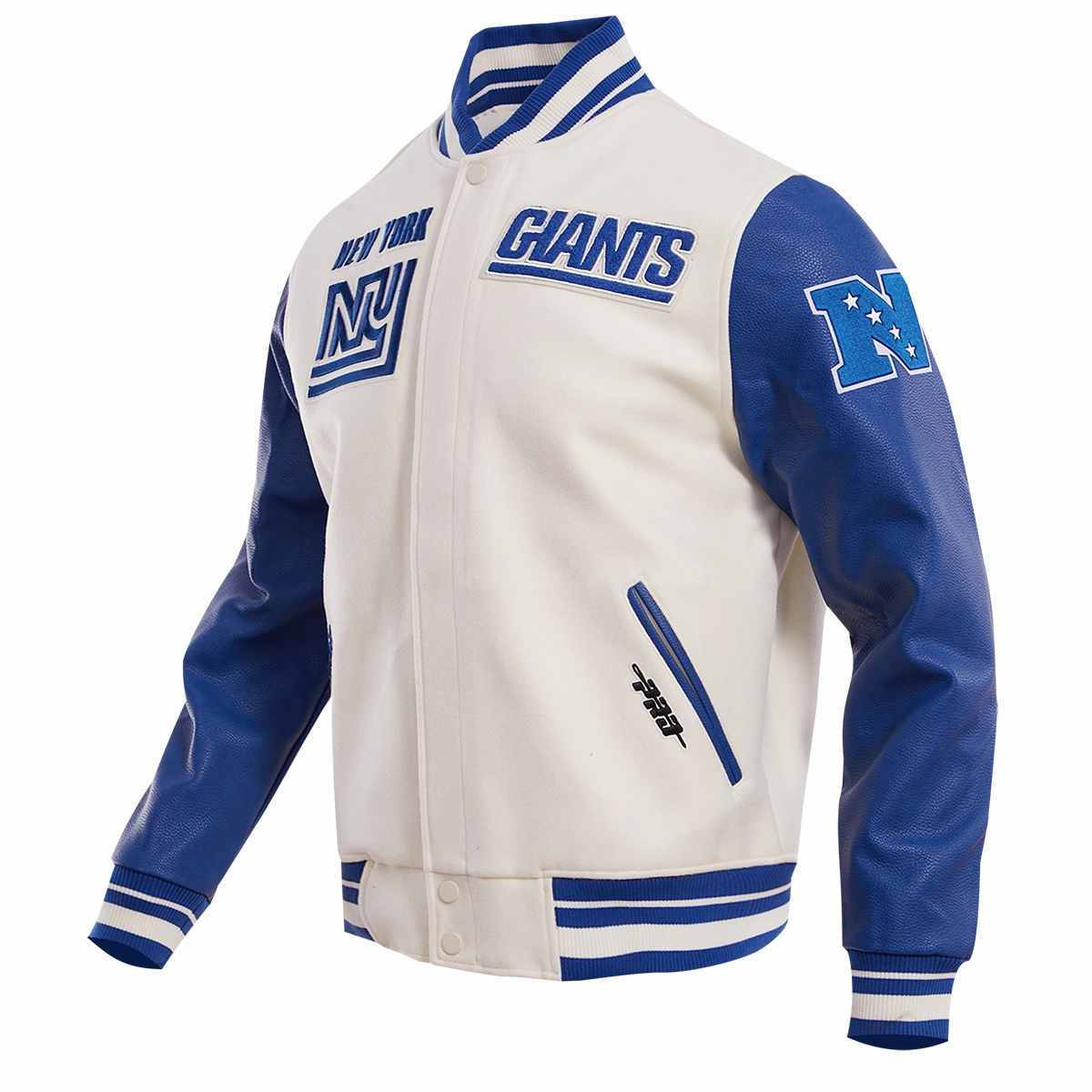 NFL NEW YORK GIANTS RETRO CLASSIC MEN'S RIB WOOL VARSITY JACKET (EGGSHELL/DODGER BLUE)